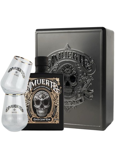 Gin Amuerte Coca Leaf Bottiglia NERA 0,7 L + 2 BICCHIERI | METAL BOX