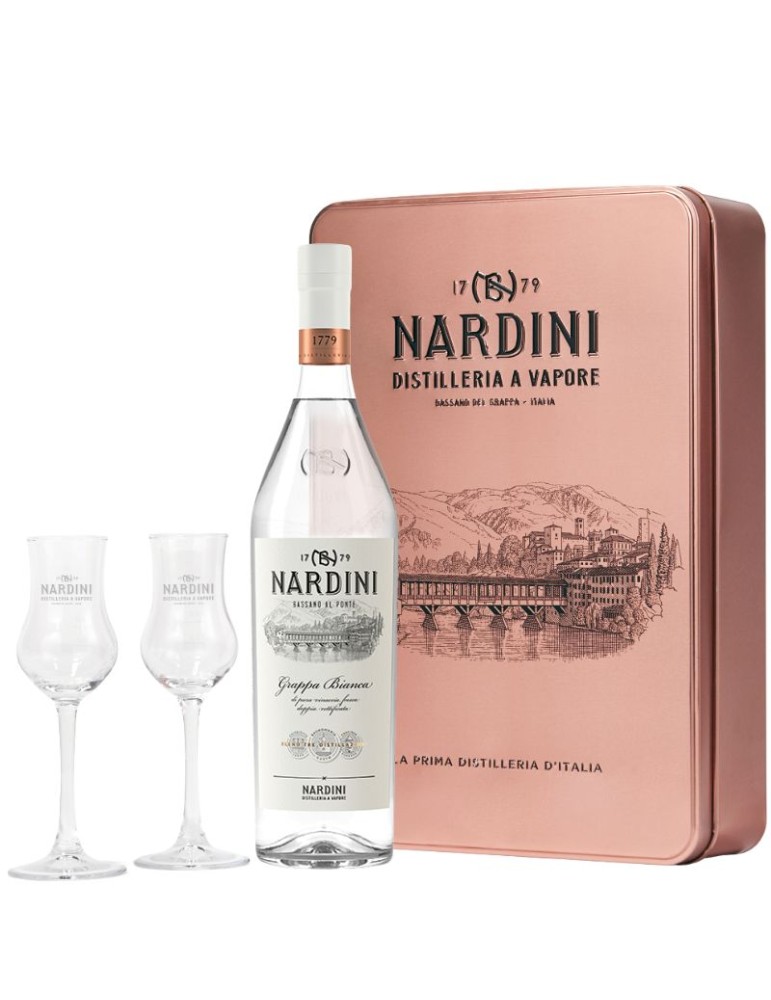 Grappa Bianca Nardini - 0,70L + 2 Bicchieri Tulipano | Confezione in latta
