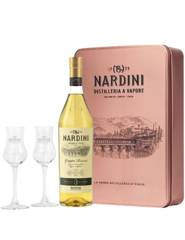Grappa Riserva Nardini -0,70L + 2 Bicchieri Tulipano | Confezione in latta